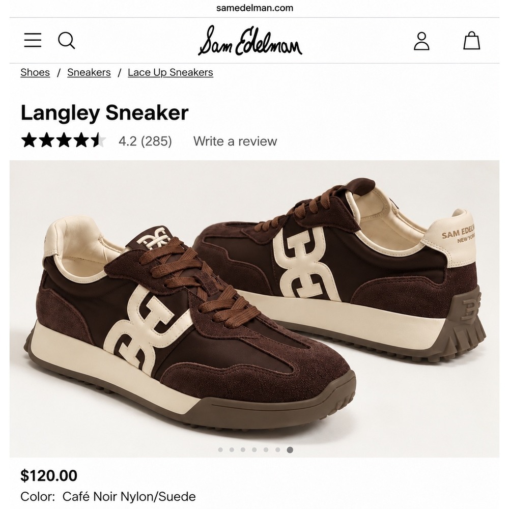 Sam Edelman Langley Suede Herringbone Sneakers Brown Cafe Noir Womens 8.5